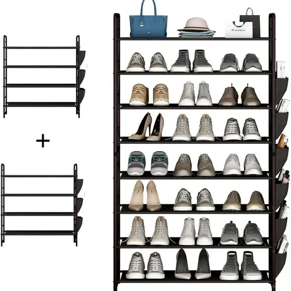 4 Tier Free Standing Metal Shoe Shelf Compact Shoe Organizer with Side Bag Storage